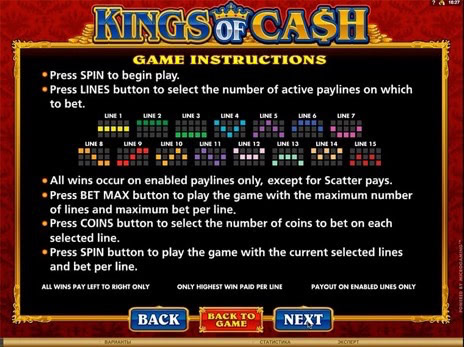 Игровые автоматы Kings of Cash описание выигрышных линий